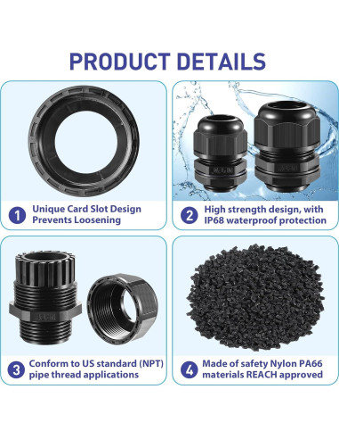 50 Juntas de Cable de Nylon IP68 RTHIEAI 3/8" a Prueba de Agua