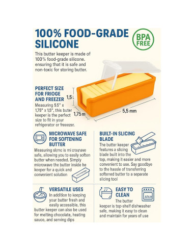 Conservador de Mantequilla de Silicona Naranja con Cuchilla 14x4.4cm