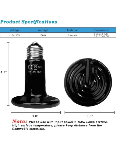 Emisor de Calor Cerámico 150W E26 para Reptiles - Paquete de 2