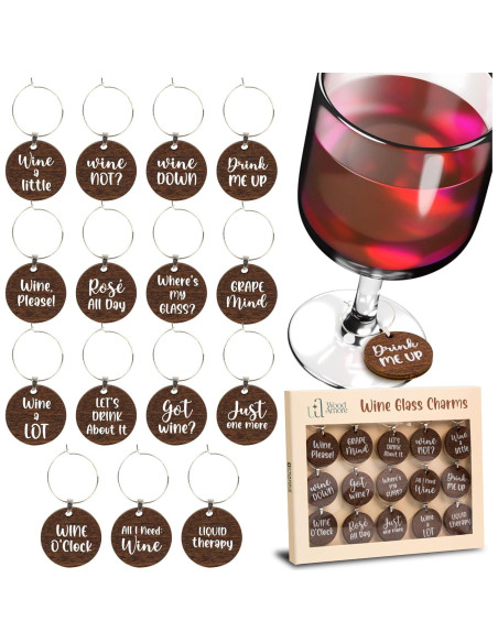 Encantos para Copas de Vino - 15 Piezas de Madera Divertidos