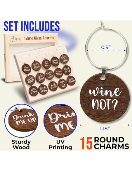 Encantos para Copas de Vino - 15 Piezas de Madera Divertidos