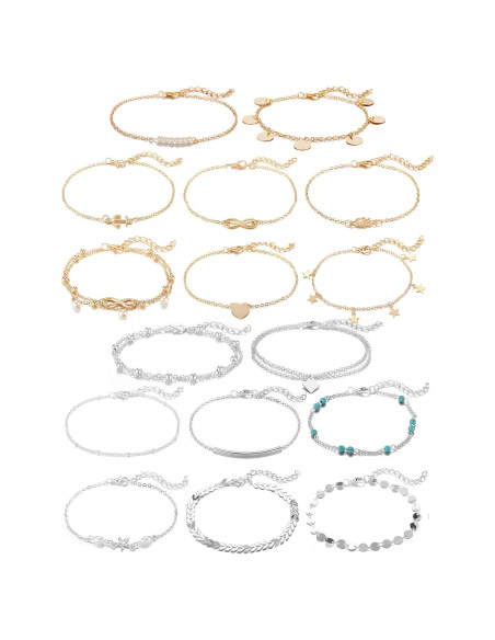 Conjunto 16 Pulseras de Tobillo Softones Oro Plata Ajustables