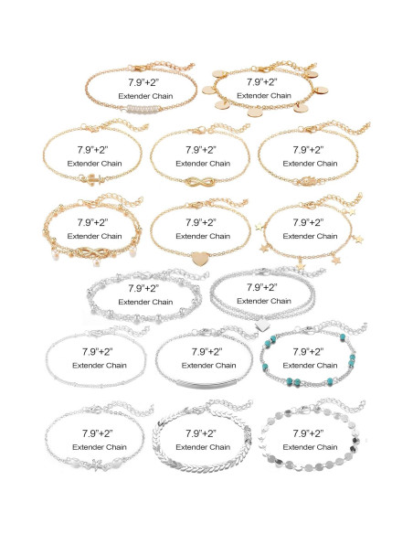 Conjunto 16 Pulseras de Tobillo Softones Oro Plata Ajustables
