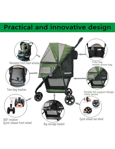 Carrito para Mascotas ROODO Plegable Verde 13.6kg 3 Ruedas