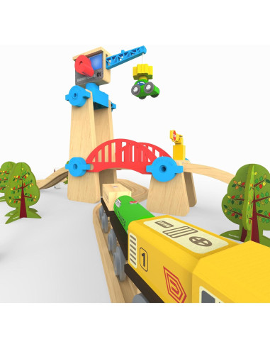 Set de Tren de Madera ORBRIUM 65 Piezas con Grúa y Puente