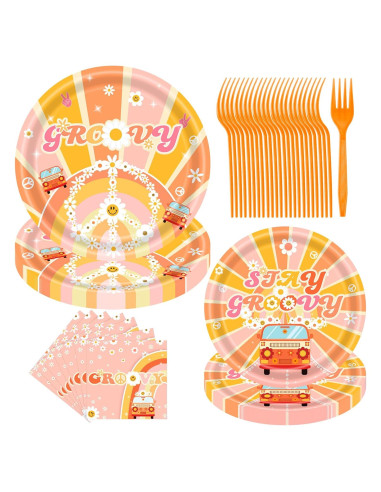Set de Vajilla de Fiesta Groovy 96pcs - 24 Platos y Servilletas