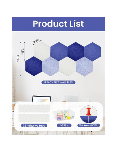 Paneles Acústicos Hexagonales Aipiahio 8 Piezas Azul 30x25.9 cm