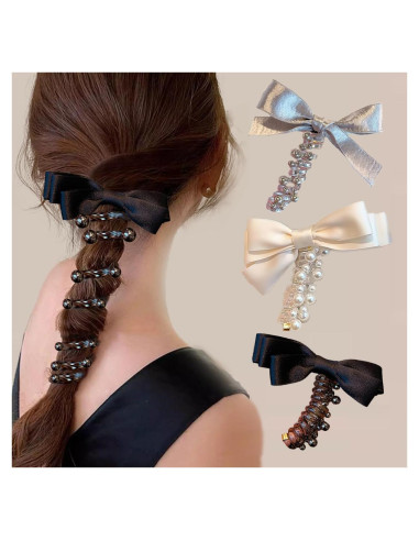 3 Lazos Trenzados de Caucho Hsheng para Cabello - Negro, Blanco, Plata