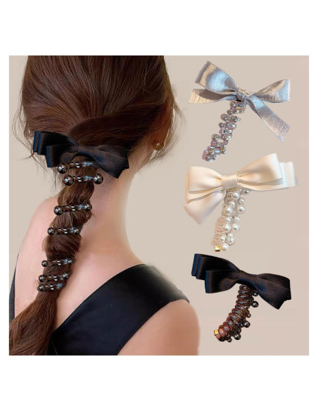 3 Lazos Trenzados de Caucho Hsheng para Cabello - Negro, Blanco, Plata