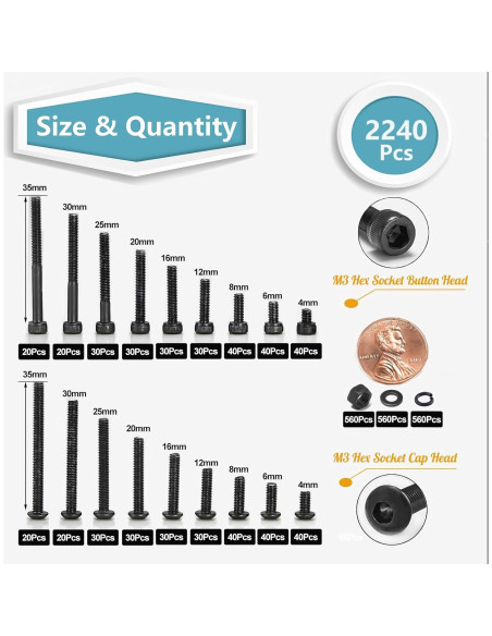 Juego de Tornillos M3 Kadrick 2240 Pcs Acero Aleado 12.9