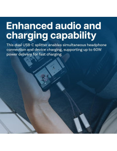 Divisor USB-C 2-en-1 MMOBIEL con Carga Rápida 60W y Audio 16-Bit 2