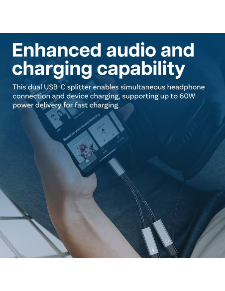 Divisor USB-C 2-en-1 MMOBIEL con Carga Rápida 60W y Audio 16-Bit