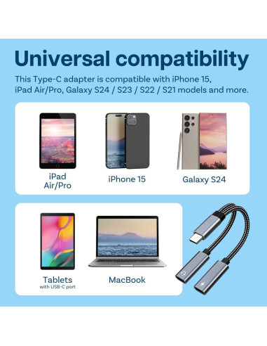 Divisor USB-C 2-en-1 MMOBIEL con Carga Rápida 60W y Audio 16-Bit