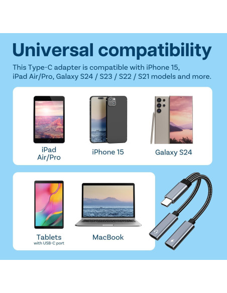 Divisor USB-C 2-en-1 MMOBIEL con Carga Rápida 60W y Audio 16-Bit