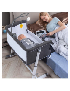 Cuna de Lado RONBEI para Bebé Gris Oscuro con Ruedas
