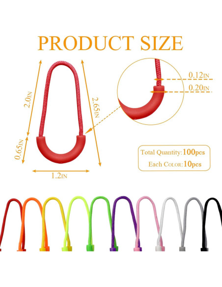 100 Tiradores de Cremallera Renashed en 10 Colores para Mochilas