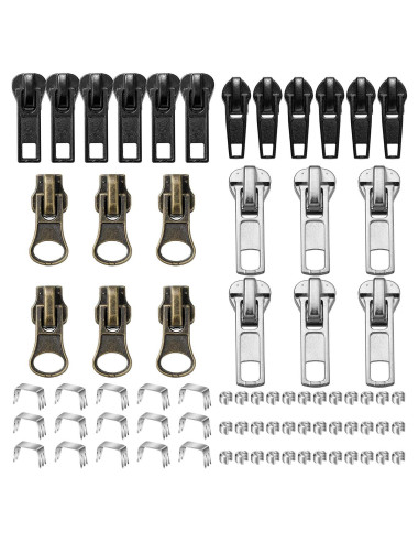 Kit de Reparación de Cremalleras 69 Piezas WILLBOND - Tiradores Negros, Plateados y Bronce