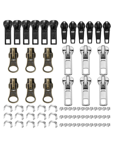 Kit de Reparación de Cremalleras 69 Piezas WILLBOND - Tiradores Negros, Plateados y Bronce