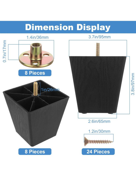 Paquete de 8 patas de sofá DIRBUY 10 cm negras de plástico