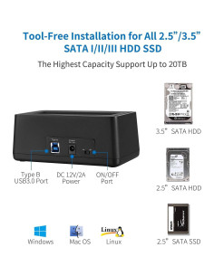 Adaptador de Estación de Acoplamiento SSK USB 3.0 a SATA 20TB 2