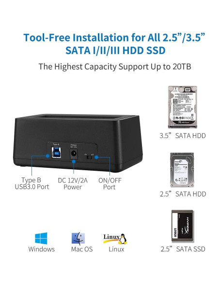 Adaptador de Estación de Acoplamiento SSK USB 3.0 a SATA 20TB