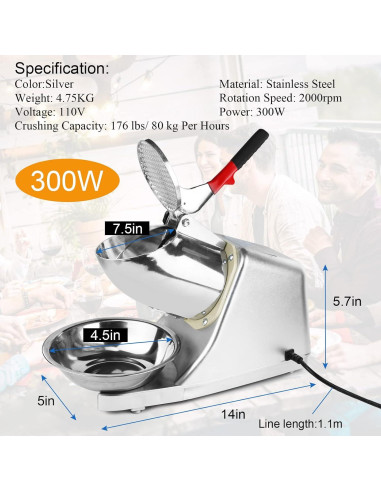 Trituradora de Hielo Eléctrica 300W Doble Cuchilla 80kg/h