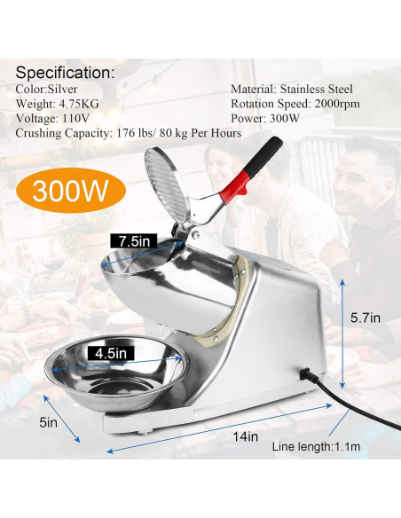 Trituradora de Hielo Eléctrica 300W Doble Cuchilla 80kg/h