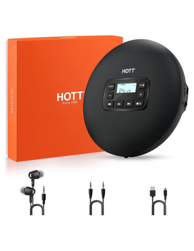 Reproductor de CD Portátil HOTT CD204 con Auriculares y AUX