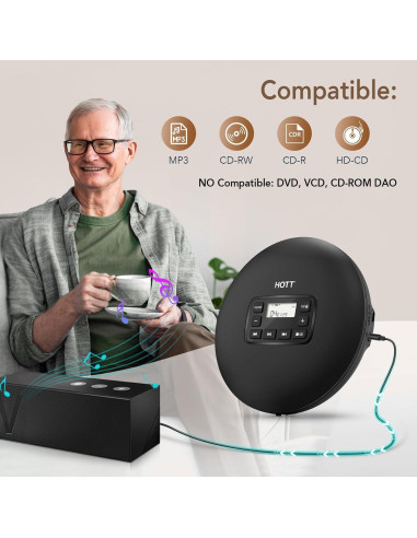 Reproductor de CD Portátil HOTT CD204 con Auriculares y AUX