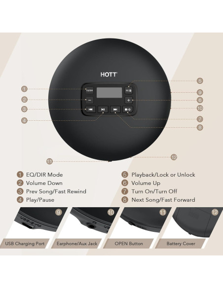 Reproductor de CD Portátil HOTT CD204 con Auriculares y AUX