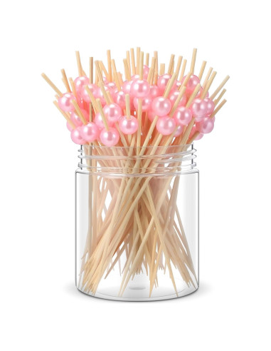 200 Palillos de Cóctel de Bambú con Perlas Rosadas - 12 cm