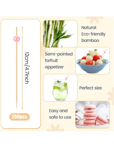 200 Palillos de Cóctel de Bambú con Perlas Rosadas - 12 cm