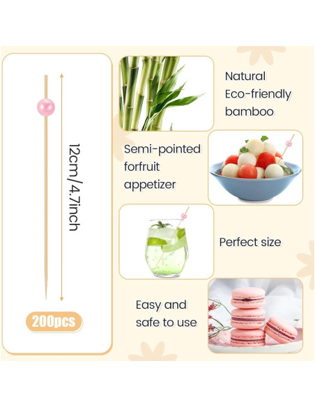 200 Palillos de Cóctel de Bambú con Perlas Rosadas - 12 cm