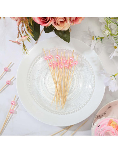 200 Palillos de Cóctel de Bambú con Perlas Rosadas - 12 cm