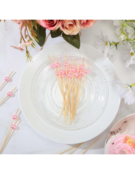 200 Palillos de Cóctel de Bambú con Perlas Rosadas - 12 cm