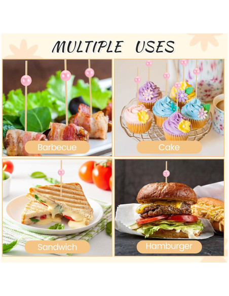 200 Palillos de Cóctel de Bambú con Perlas Rosadas - 12 cm