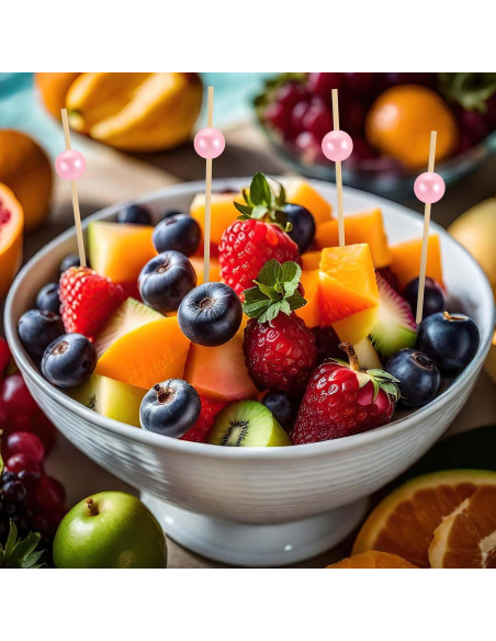 200 Palillos de Cóctel de Bambú con Perlas Rosadas - 12 cm