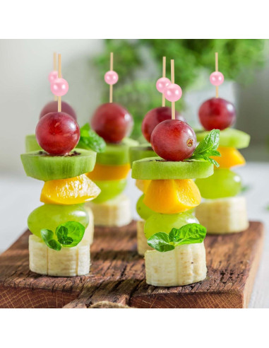 200 Palillos de Cóctel de Bambú con Perlas Rosadas - 12 cm