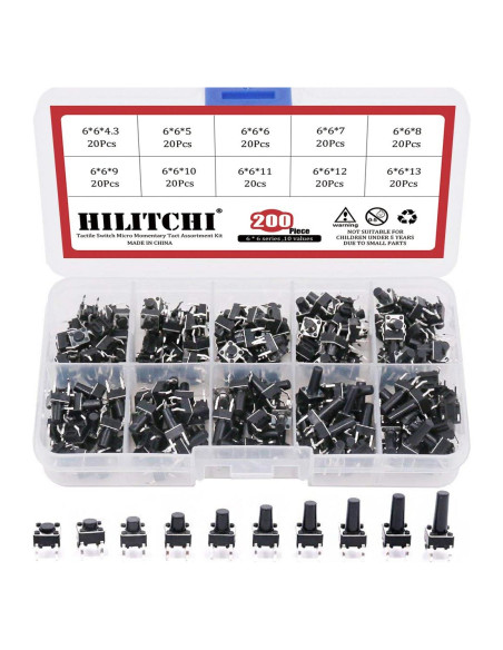 Kit de Interruptores Táctiles Hilitchi 200 Pcs 6x6mm 10 Valores