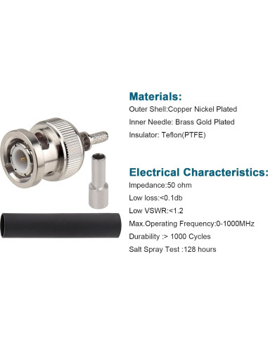Paquete de 10 Conectores Crimp BNC Macho 50 Ohm para Coaxial