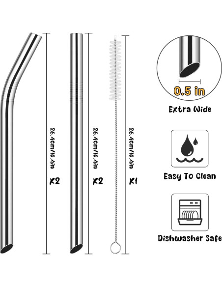 NiHome Popotes de Acero Inoxidable Reutilizables 4 Pzas 1.27 cm