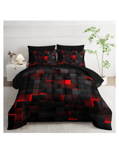 Juego de Edredón Geométrico Rojo Negro Twin 7 Piezas Nttopship