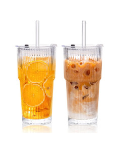 Vasos de Vidrio Estriado KEMORELA 20oz con Tapas y Pajitas