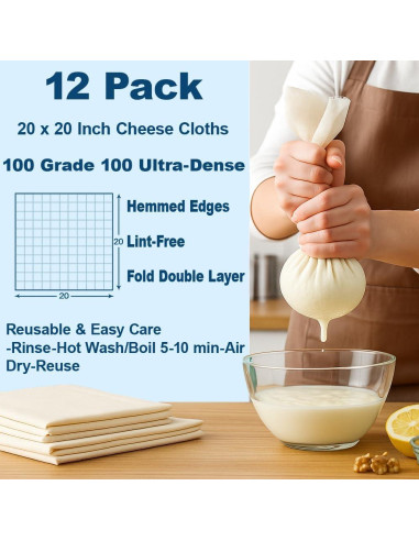 12 Piezas Tela de Queso Reutilizable Uiploib 50.8x50.8 cm