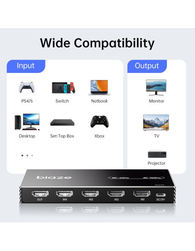 Interruptor HDMI 4 en 1 Biaze 8K@60Hz 4K@120Hz Control Remoto