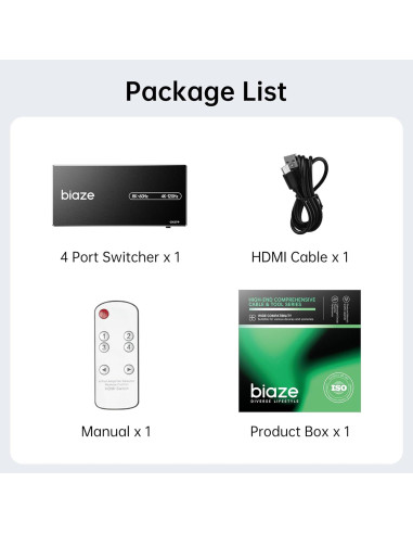 Interruptor HDMI 4 en 1 Biaze 8K@60Hz 4K@120Hz Control Remoto