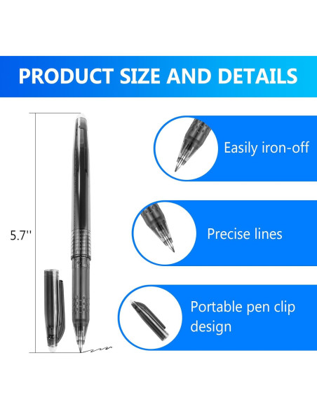 12 Bolígrafos Borrables por Calor para Tela - lyforx Negro