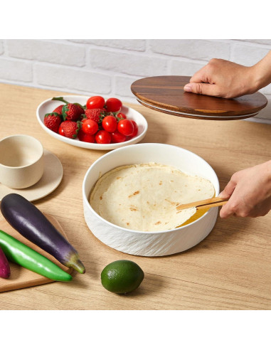 Calentador de Tortillas SiliFine Cerámica 24.89 cm con Tapa de Madera