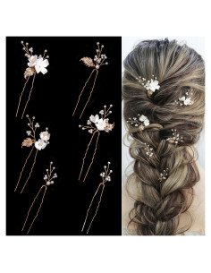 Horquillas de Novia SELFCLOUD 6 Pcs Perlas Flor Blanca Dorada