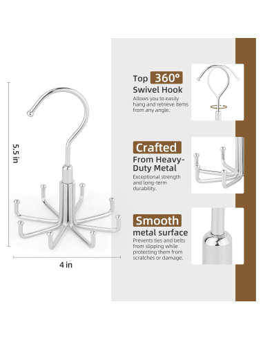 Perchero de Corbatas y Cinturones ZEDODIER 8 Ganchos Plata
